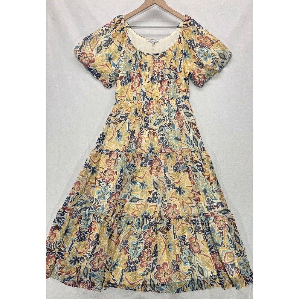 Patrons of Peace Floral Tiered Midi Dress M Puff Sleeve Cottagecore Milkmaid NWT